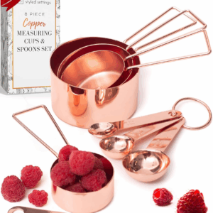 Copper Measuring Cups and Spoons Set – 8-Piece Stackable Stainless Steel Metal Measuring Utensils – Stylish and Sturdy Rose Gold Kitchen Accessories for Baking and Cooking