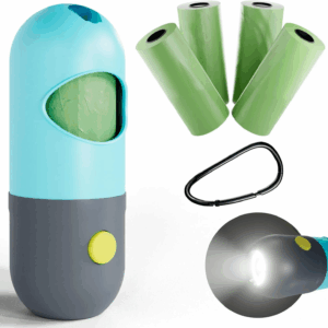 Dog Poop Bag Dispenser W/ 4 Rolls, Flashlight, Carabiner - Green