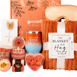 Grandma Christmas Gifts Basket,Orange Birthday Gifts for Mom Women Her Girlfriend Wife Coworker W/Fall Cozy Socks& Blanket,Autumn Self Care Package Bath Set,Thanksgiving, Christmas Gifts Box for Women